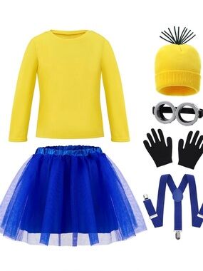 Kids Yellow & Blue Minion Inspired Halloween Costume Set Girl Medium 8-10yrs